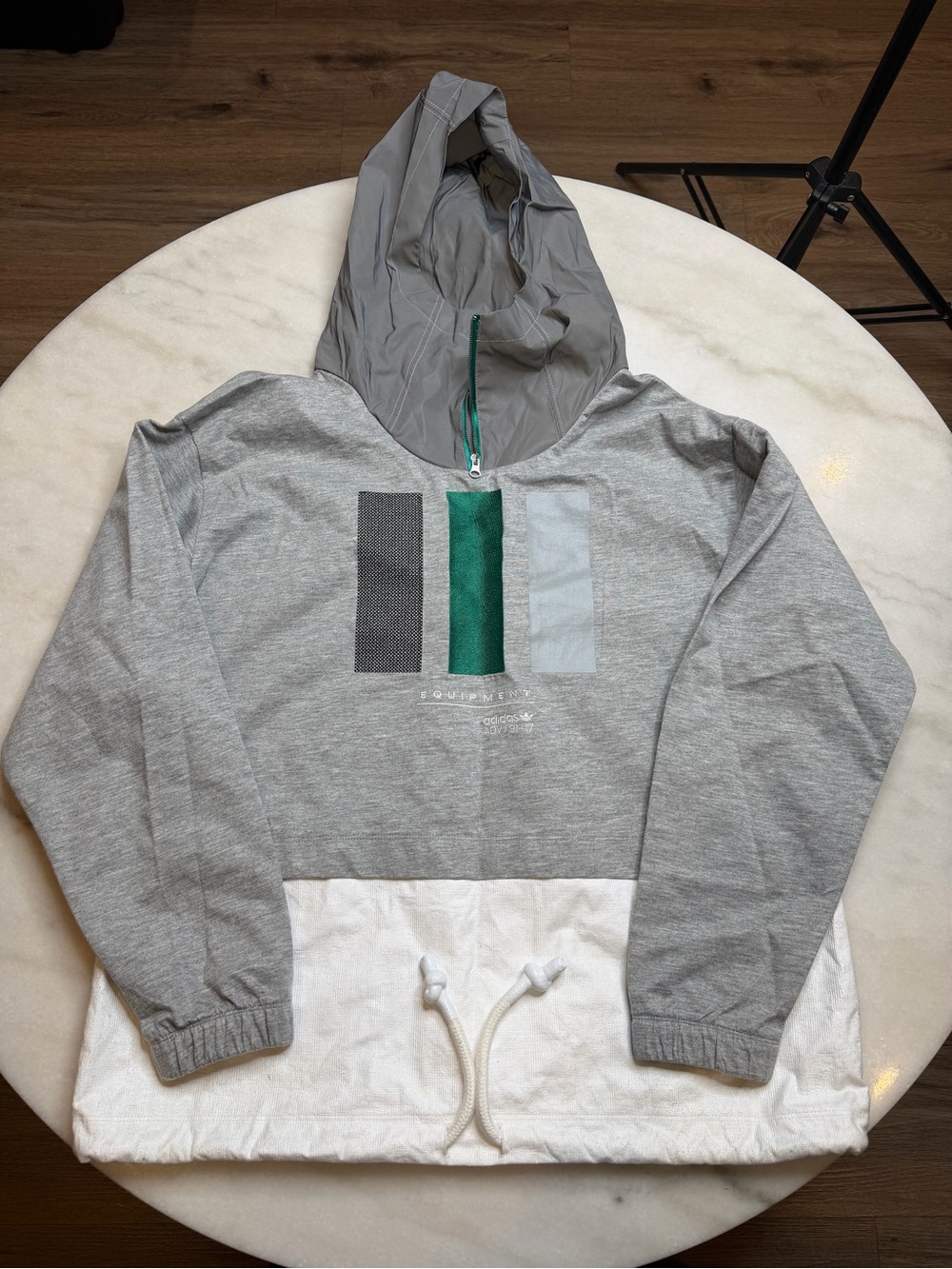 Adidas Gray Hooded Pullover Jacket with Green Accent Size M